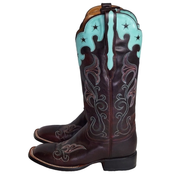 Lucchese Shoes - Lucchese Scalloped Top Square Toe Embroidered Leather Cowgirl Western Boots